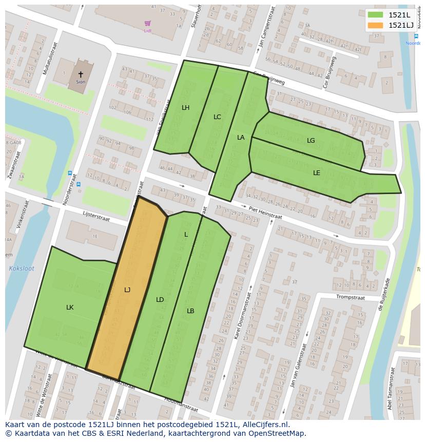 Afbeelding van het postcodegebied 1521 LJ op de kaart.
