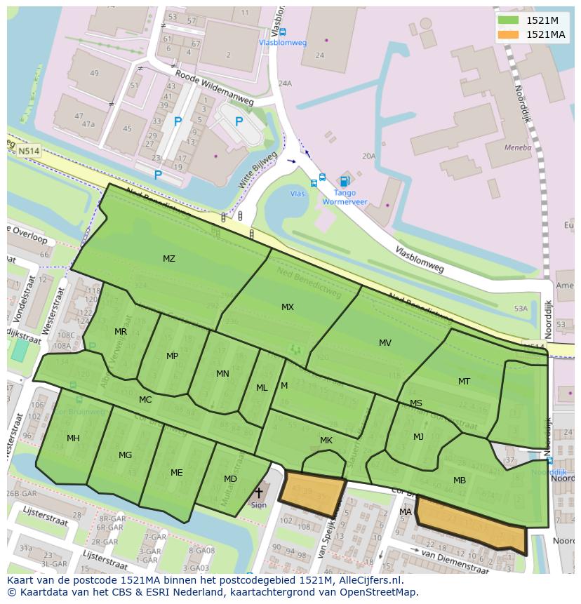Afbeelding van het postcodegebied 1521 MA op de kaart.