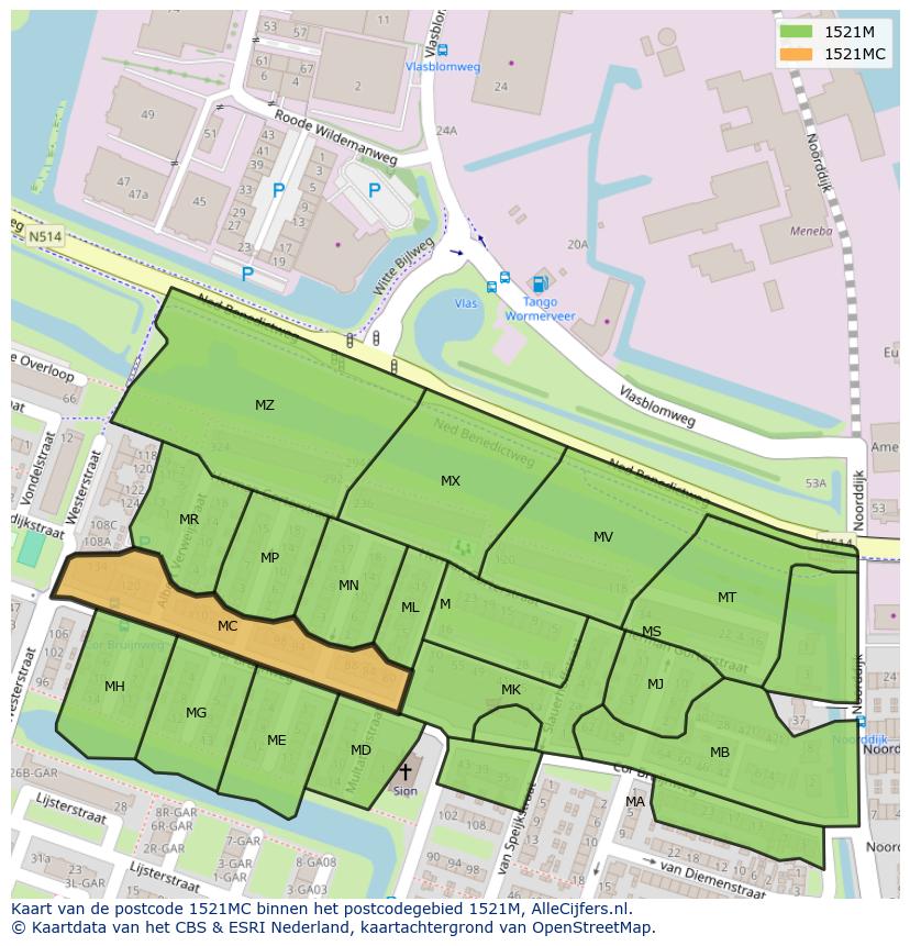Afbeelding van het postcodegebied 1521 MC op de kaart.