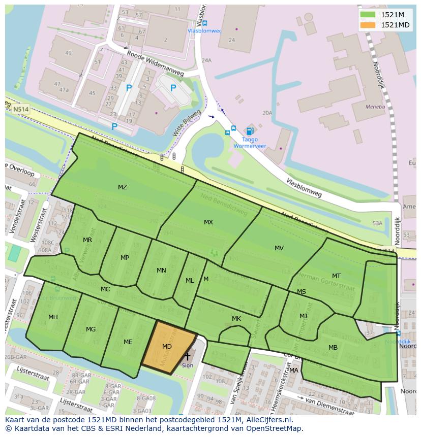 Afbeelding van het postcodegebied 1521 MD op de kaart.