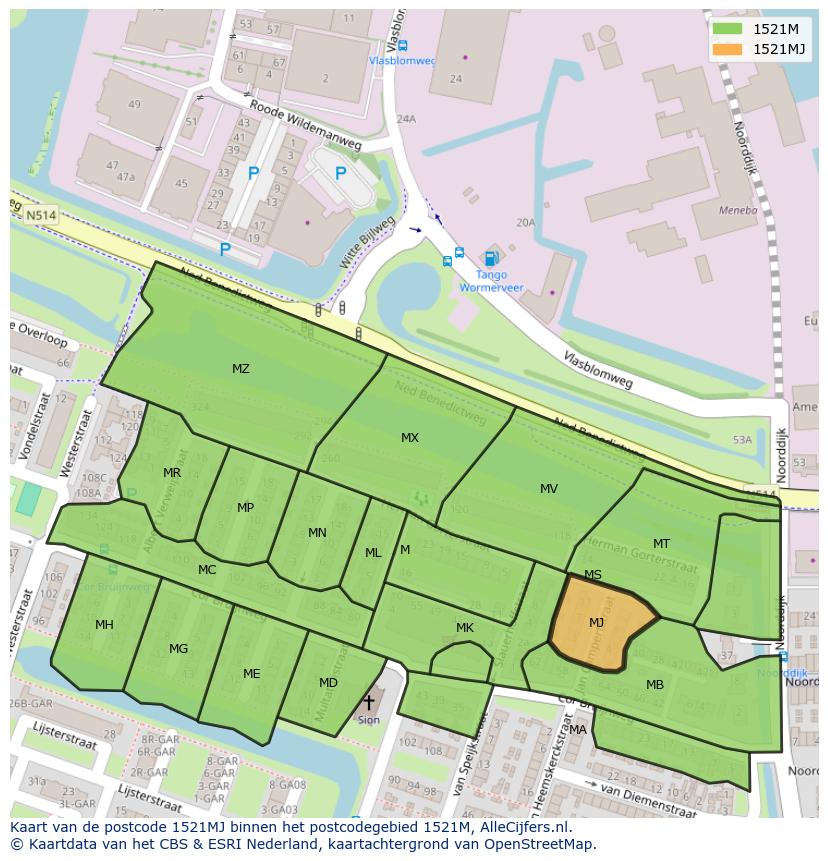 Afbeelding van het postcodegebied 1521 MJ op de kaart.