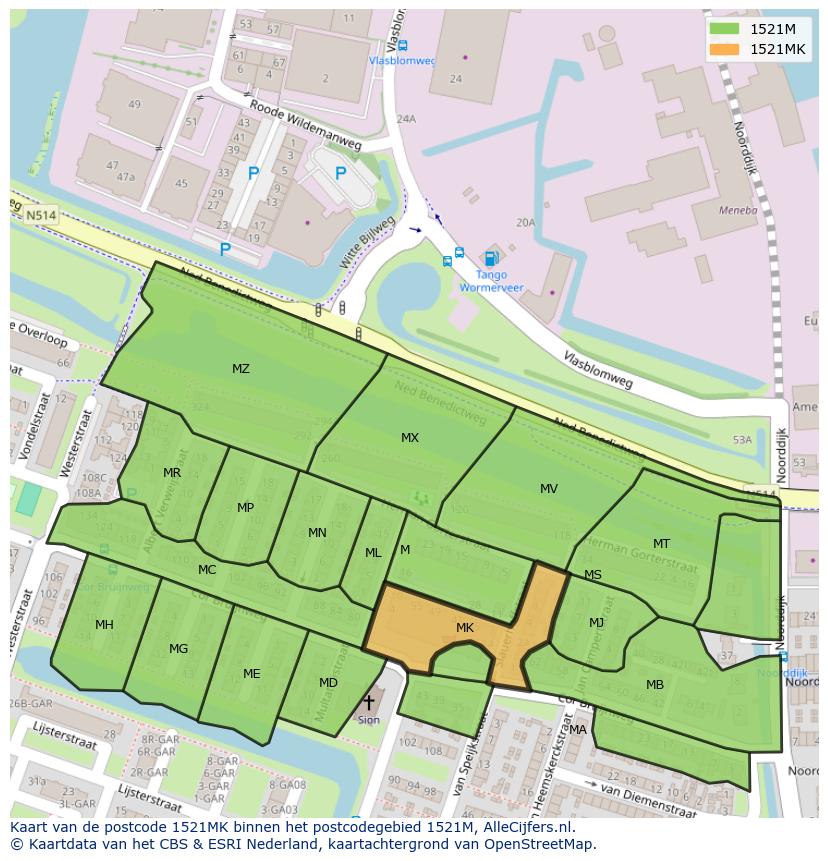 Afbeelding van het postcodegebied 1521 MK op de kaart.