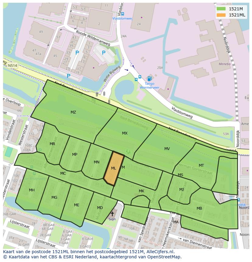 Afbeelding van het postcodegebied 1521 ML op de kaart.