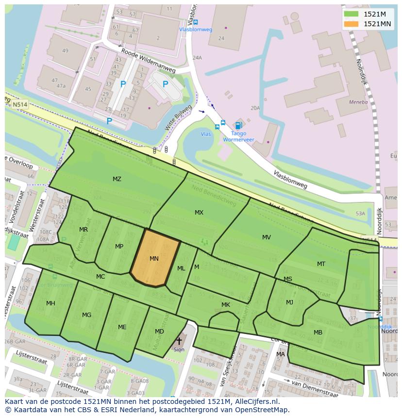 Afbeelding van het postcodegebied 1521 MN op de kaart.