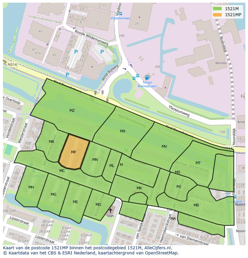 Afbeelding van het postcodegebied 1521 MP op de kaart.