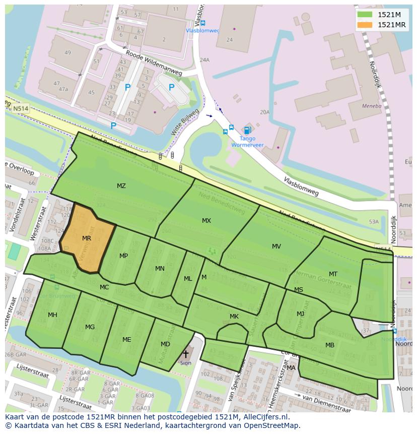 Afbeelding van het postcodegebied 1521 MR op de kaart.