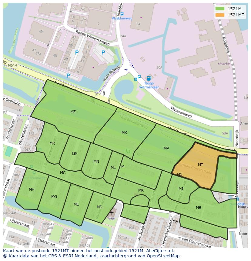 Afbeelding van het postcodegebied 1521 MT op de kaart.