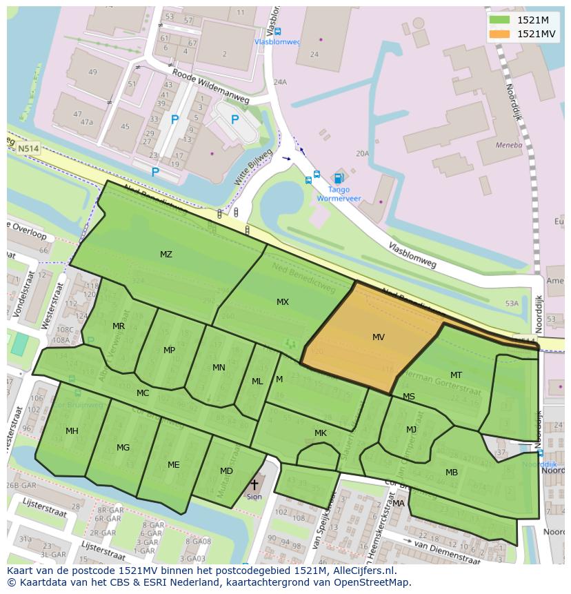 Afbeelding van het postcodegebied 1521 MV op de kaart.