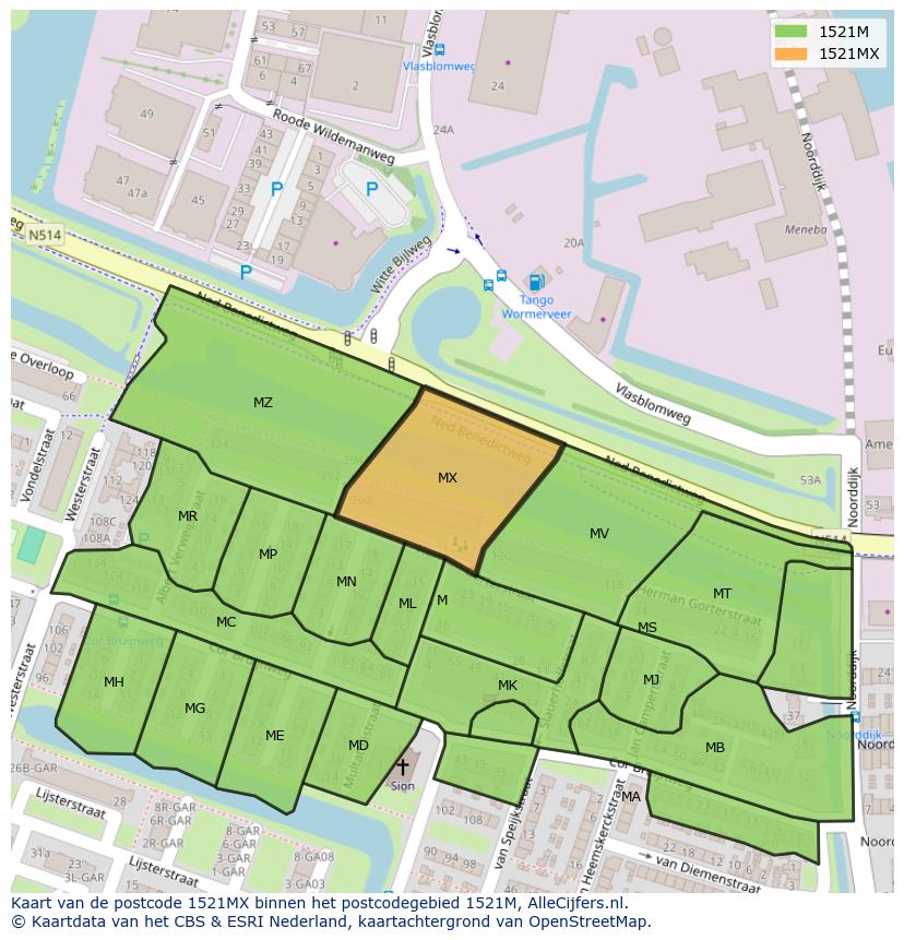 Afbeelding van het postcodegebied 1521 MX op de kaart.