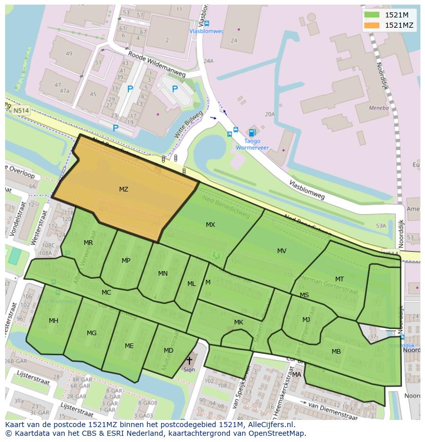Afbeelding van het postcodegebied 1521 MZ op de kaart.