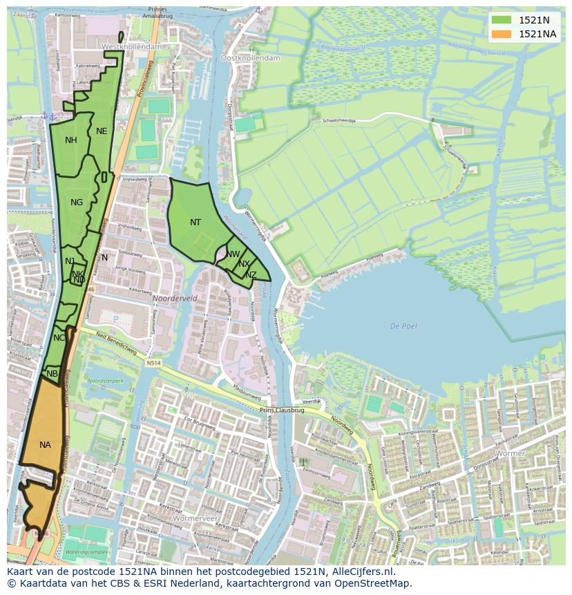 Afbeelding van het postcodegebied 1521 NA op de kaart.