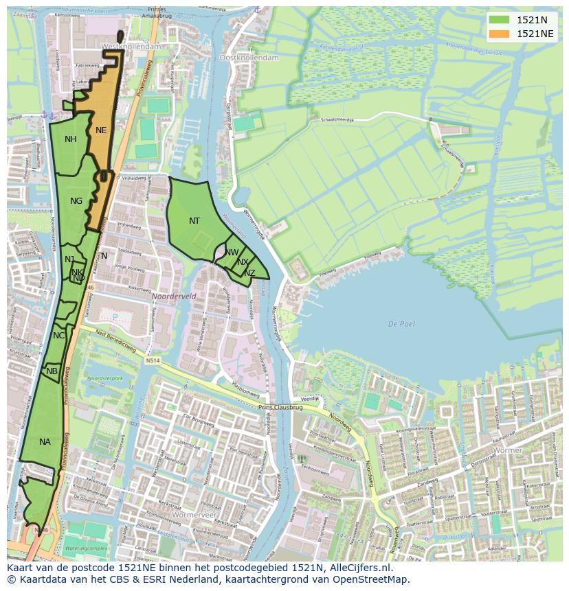 Afbeelding van het postcodegebied 1521 NE op de kaart.