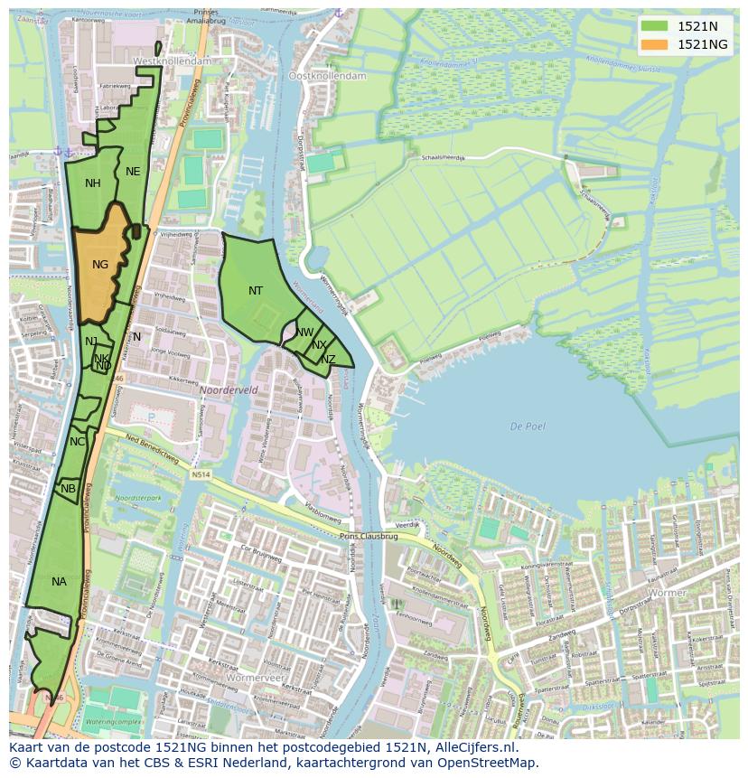 Afbeelding van het postcodegebied 1521 NG op de kaart.