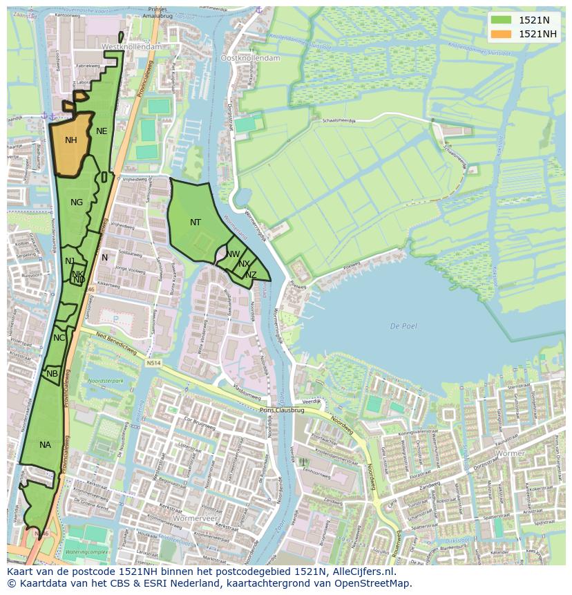 Afbeelding van het postcodegebied 1521 NH op de kaart.