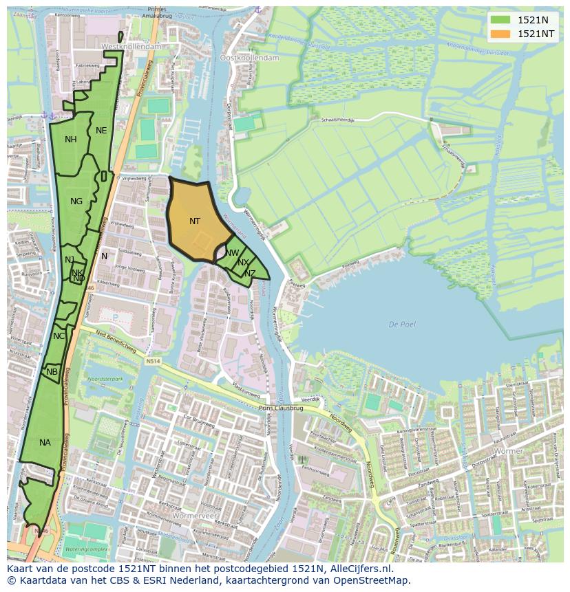 Afbeelding van het postcodegebied 1521 NT op de kaart.