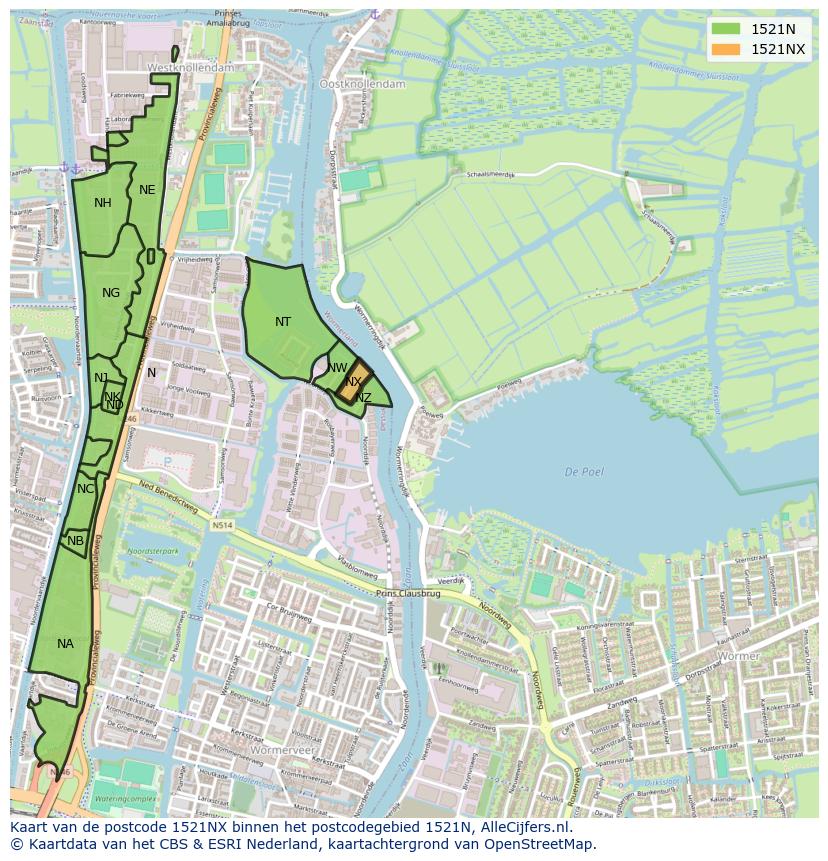 Afbeelding van het postcodegebied 1521 NX op de kaart.