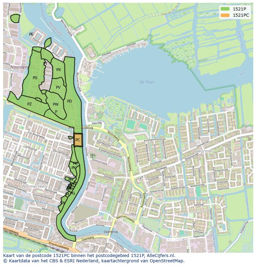 Afbeelding van het postcodegebied 1521 PC op de kaart.
