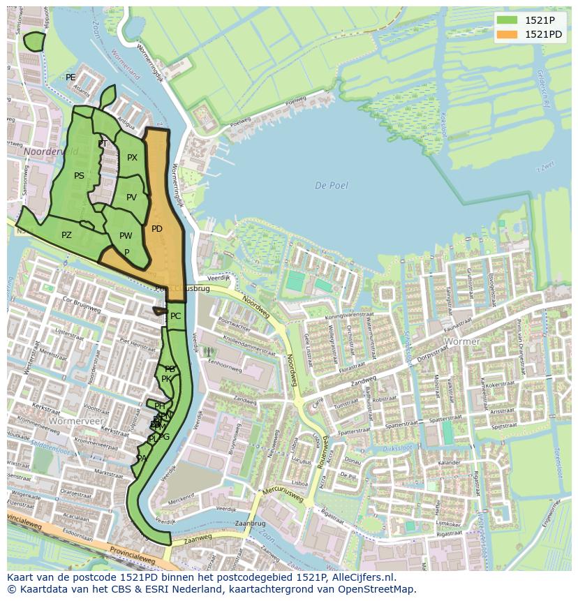 Afbeelding van het postcodegebied 1521 PD op de kaart.