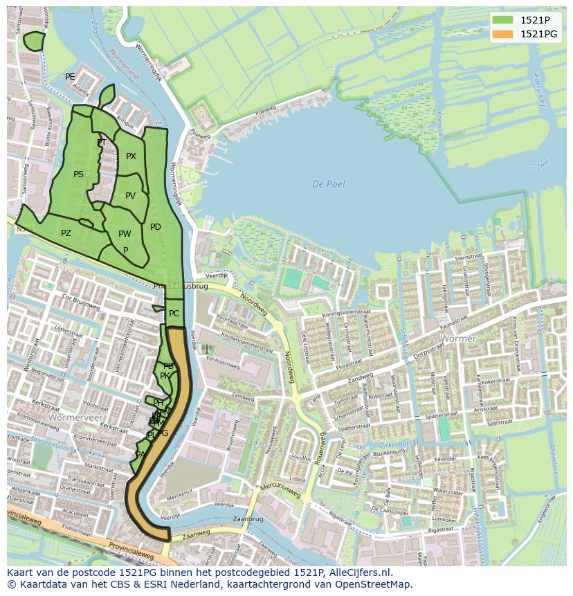 Afbeelding van het postcodegebied 1521 PG op de kaart.