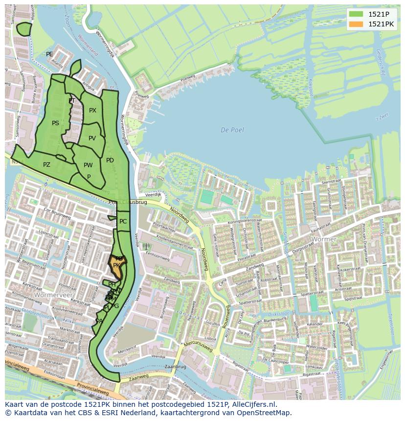Afbeelding van het postcodegebied 1521 PK op de kaart.