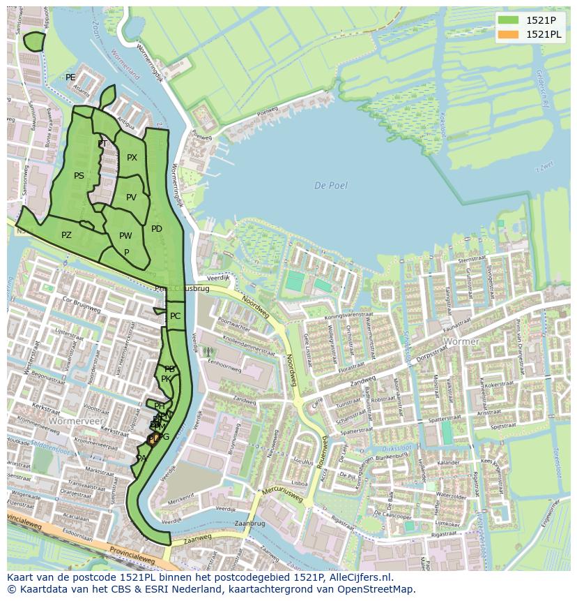 Afbeelding van het postcodegebied 1521 PL op de kaart.