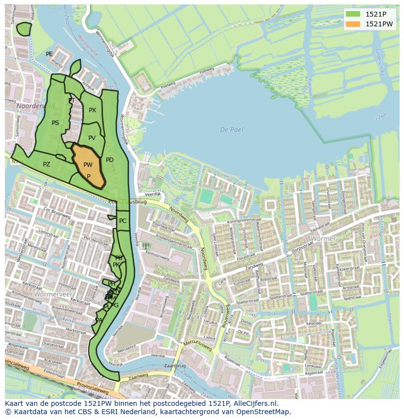Afbeelding van het postcodegebied 1521 PW op de kaart.