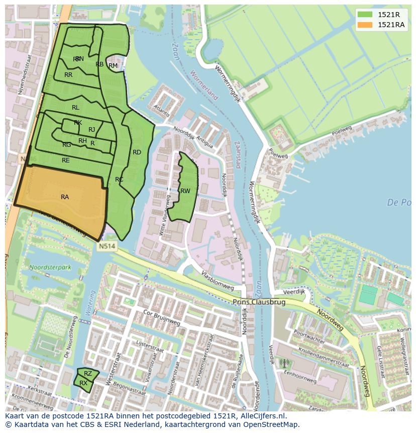 Afbeelding van het postcodegebied 1521 RA op de kaart.