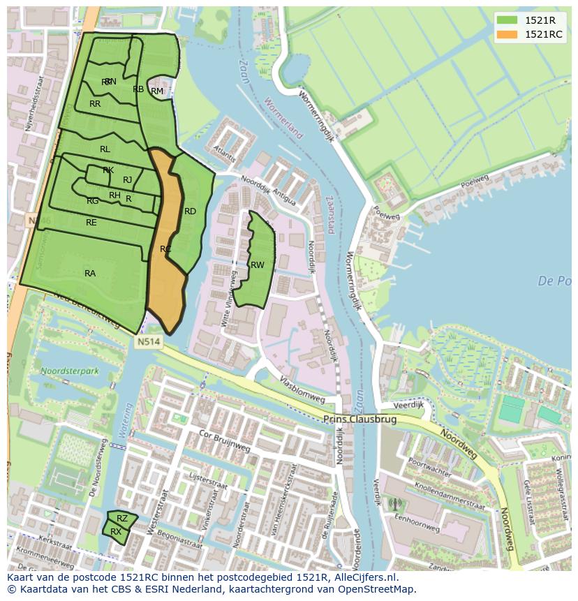 Afbeelding van het postcodegebied 1521 RC op de kaart.