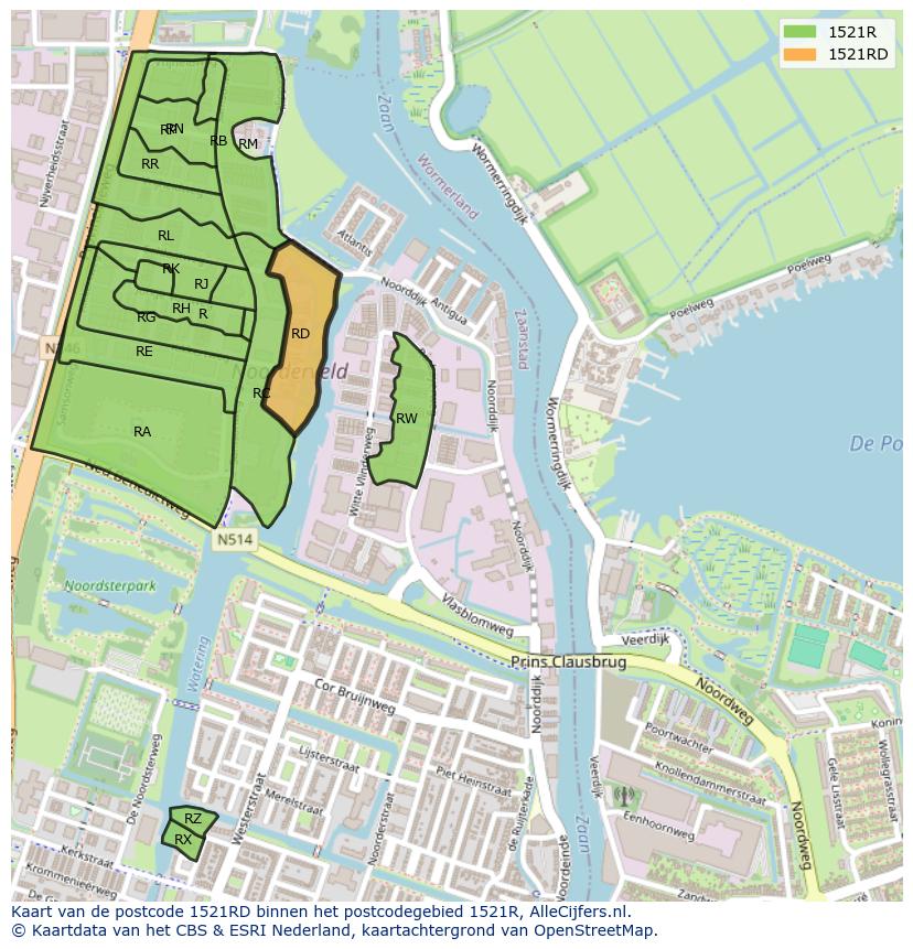 Afbeelding van het postcodegebied 1521 RD op de kaart.