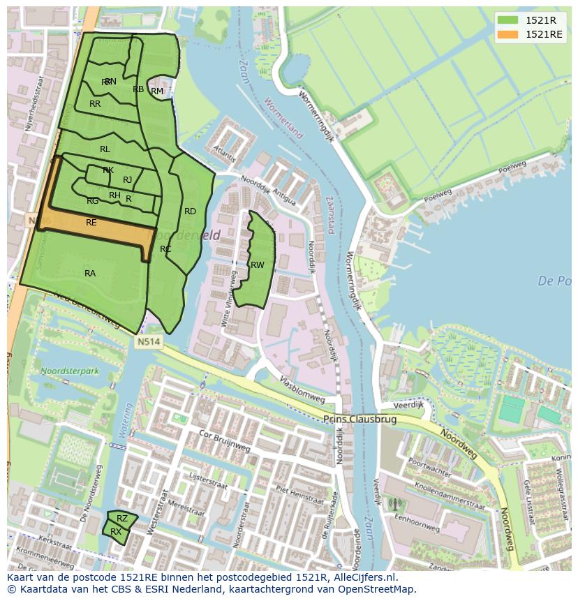 Afbeelding van het postcodegebied 1521 RE op de kaart.