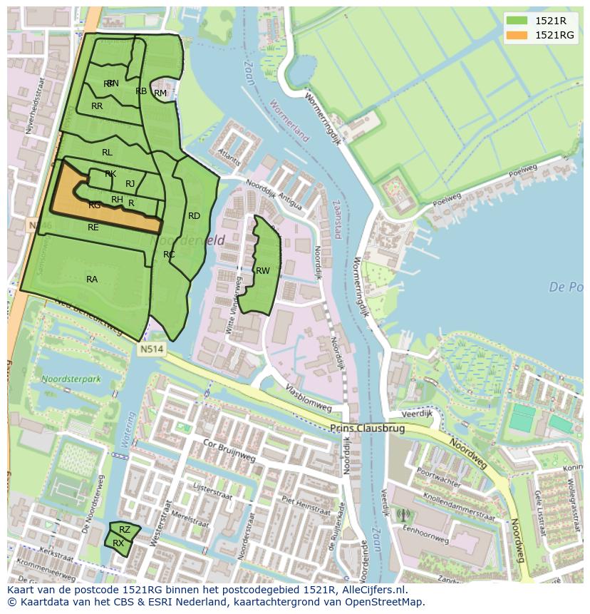 Afbeelding van het postcodegebied 1521 RG op de kaart.