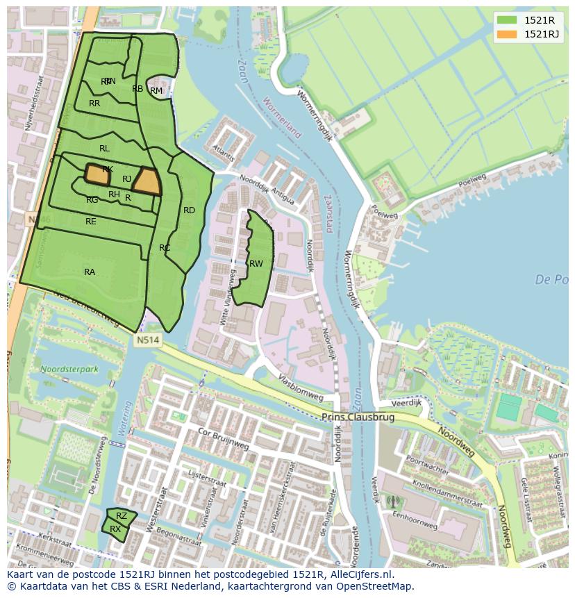 Afbeelding van het postcodegebied 1521 RJ op de kaart.