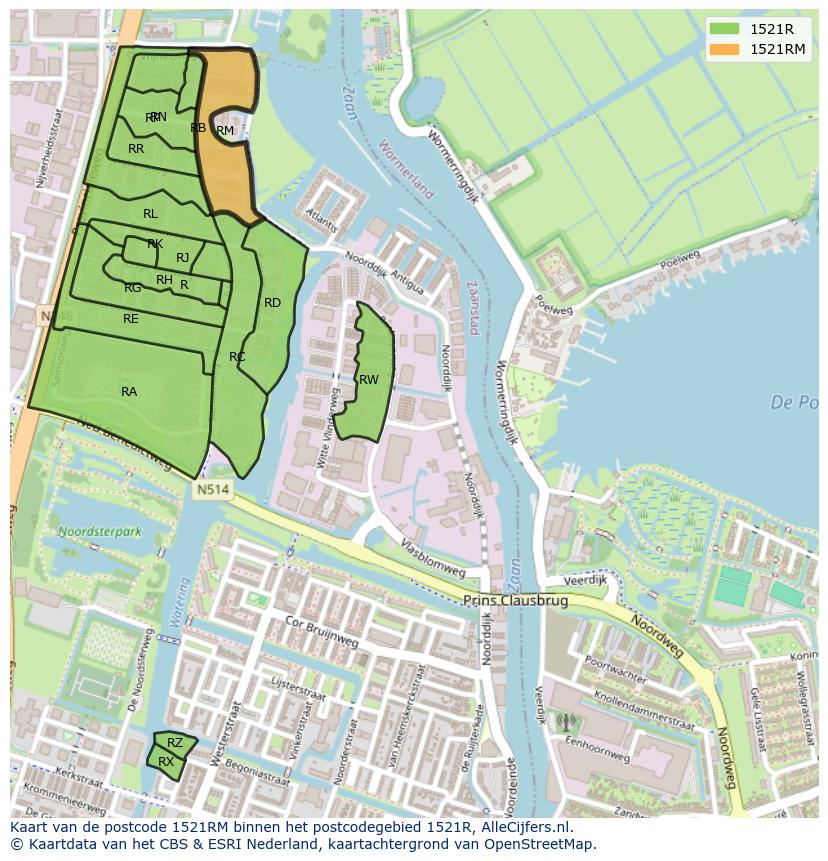 Afbeelding van het postcodegebied 1521 RM op de kaart.