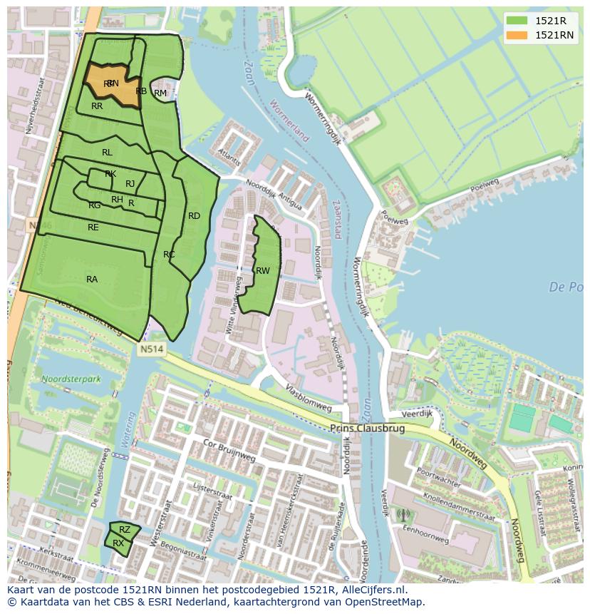 Afbeelding van het postcodegebied 1521 RN op de kaart.