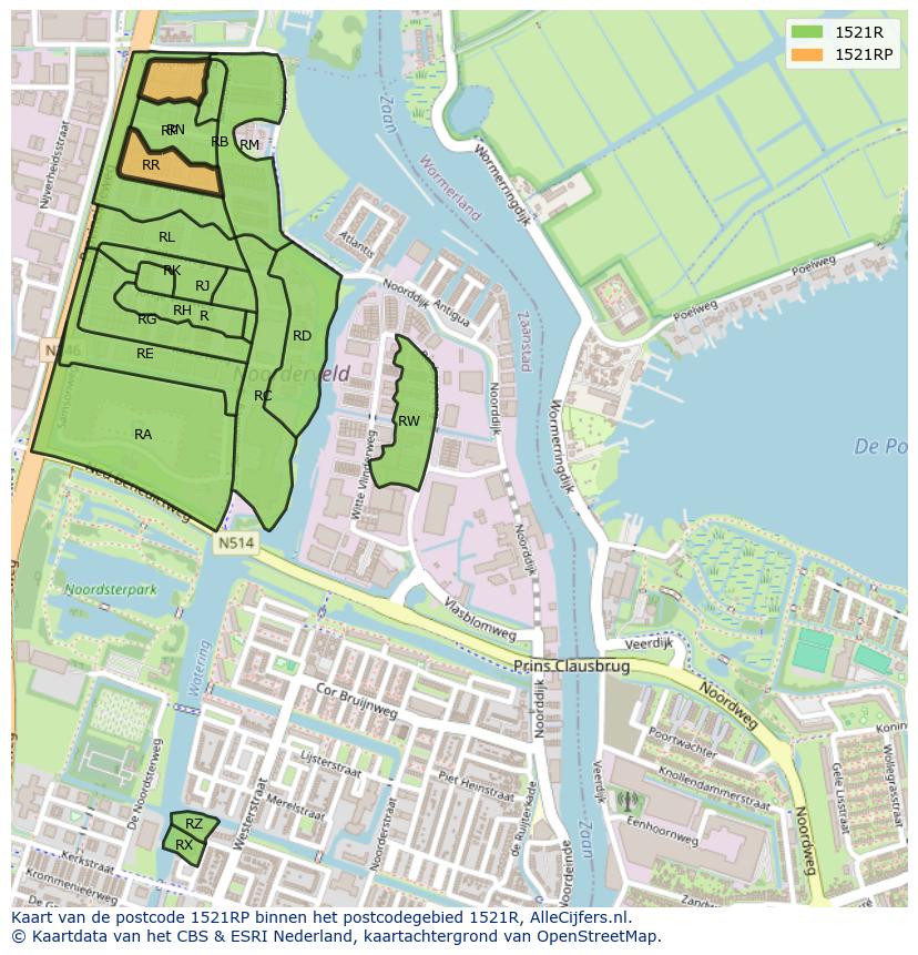 Afbeelding van het postcodegebied 1521 RP op de kaart.