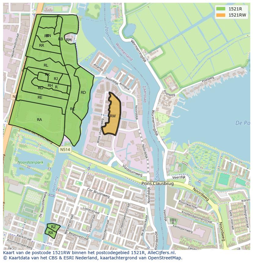 Afbeelding van het postcodegebied 1521 RW op de kaart.