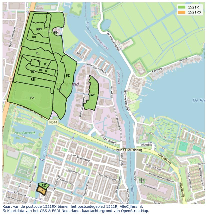 Afbeelding van het postcodegebied 1521 RX op de kaart.
