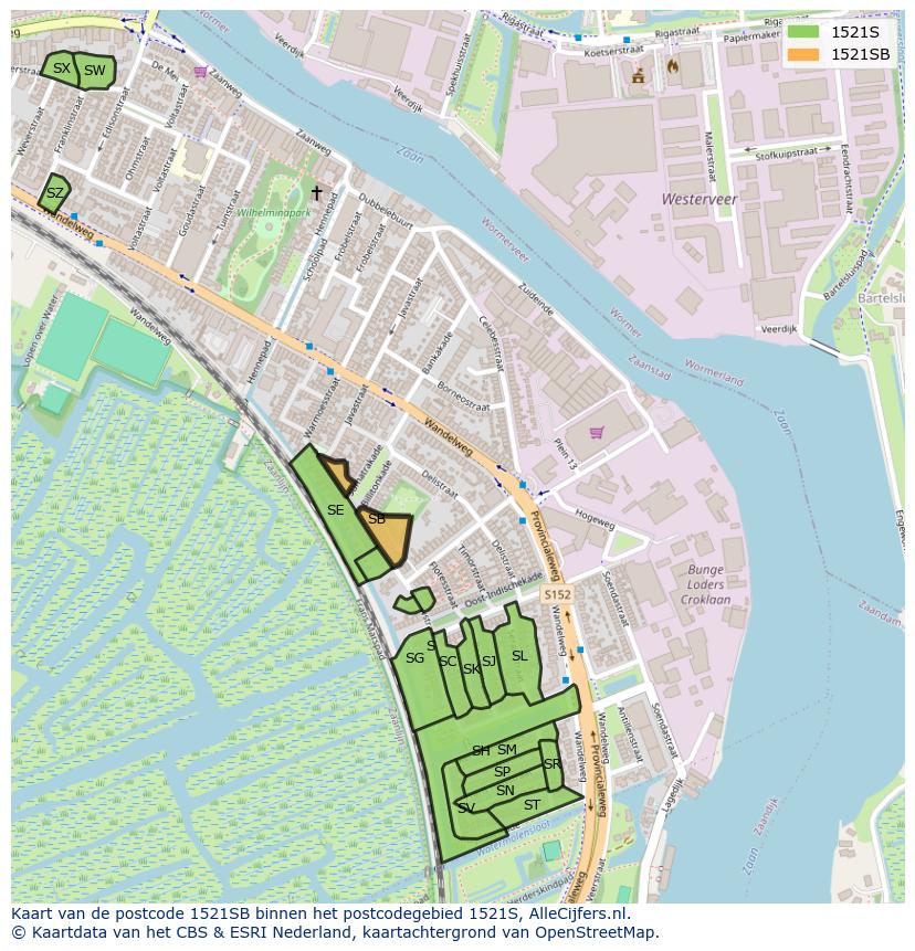 Afbeelding van het postcodegebied 1521 SB op de kaart.