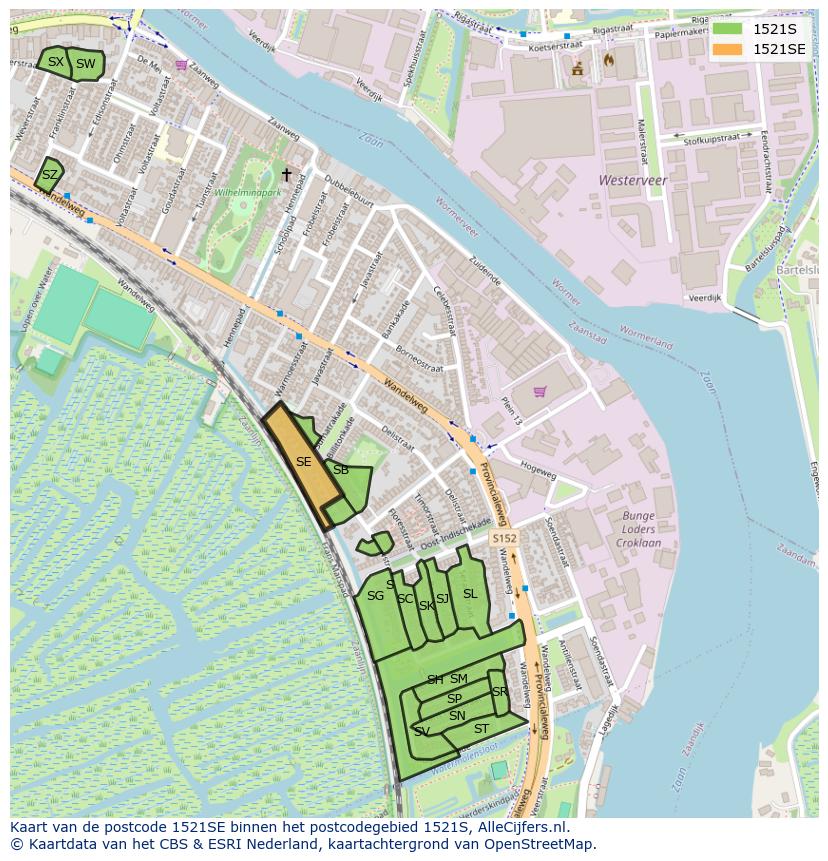 Afbeelding van het postcodegebied 1521 SE op de kaart.