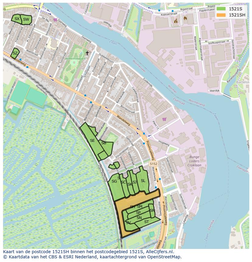 Afbeelding van het postcodegebied 1521 SH op de kaart.