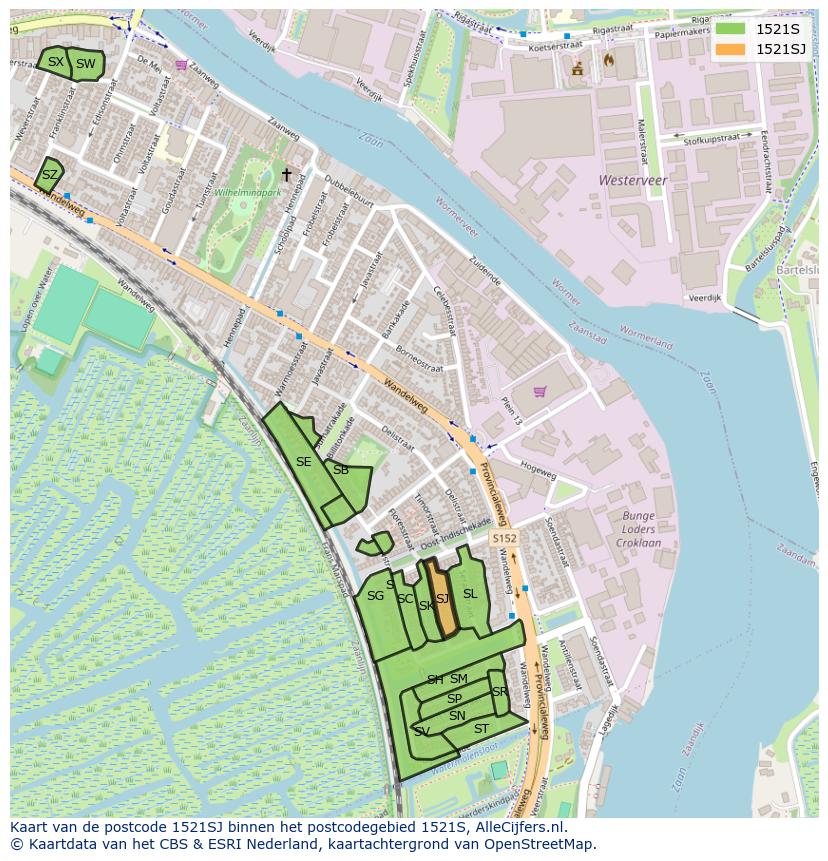Afbeelding van het postcodegebied 1521 SJ op de kaart.