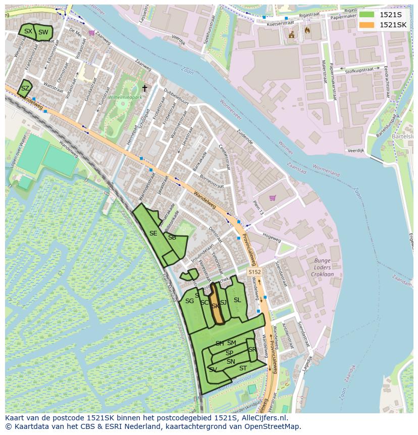 Afbeelding van het postcodegebied 1521 SK op de kaart.