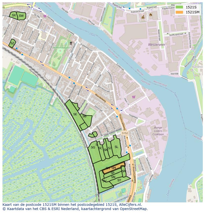 Afbeelding van het postcodegebied 1521 SM op de kaart.