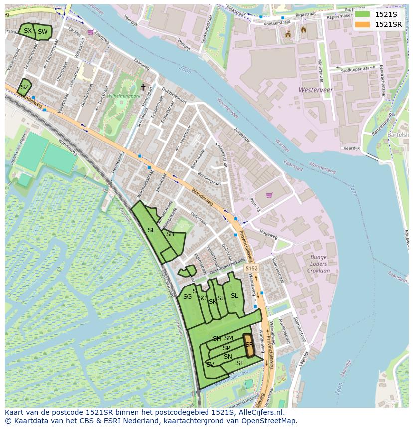 Afbeelding van het postcodegebied 1521 SR op de kaart.