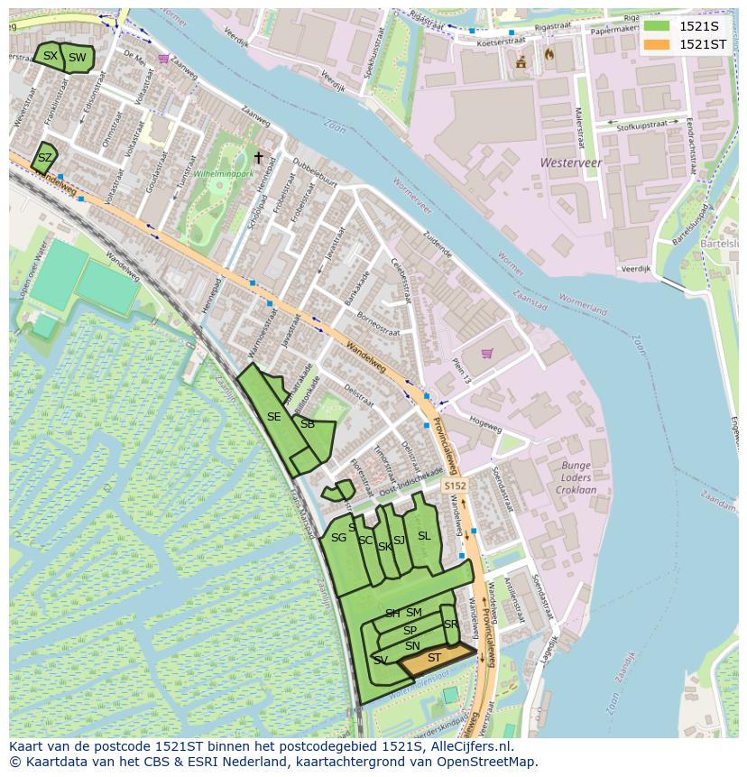 Afbeelding van het postcodegebied 1521 ST op de kaart.