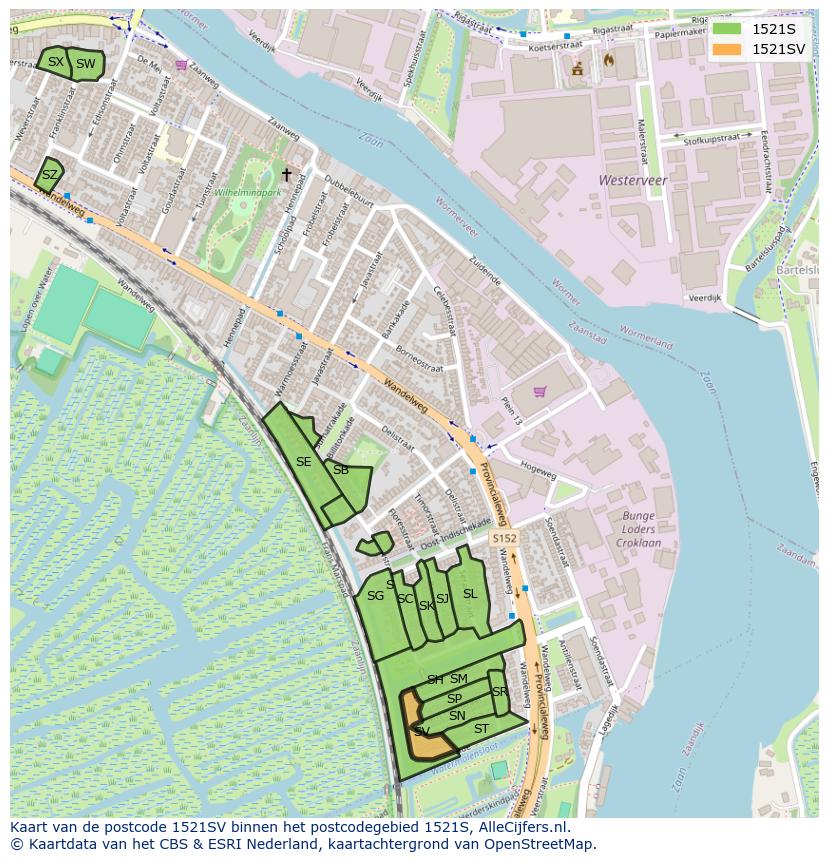 Afbeelding van het postcodegebied 1521 SV op de kaart.