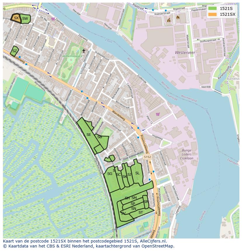 Afbeelding van het postcodegebied 1521 SX op de kaart.