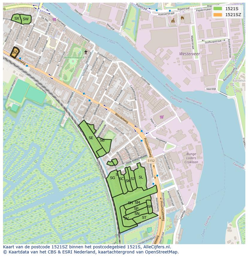 Afbeelding van het postcodegebied 1521 SZ op de kaart.