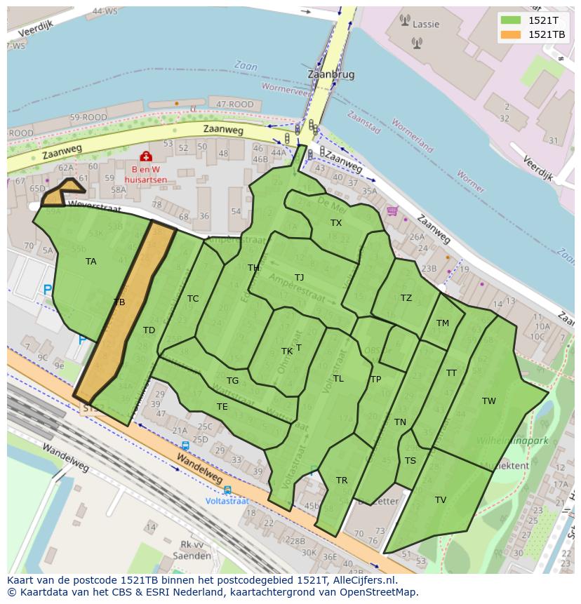 Afbeelding van het postcodegebied 1521 TB op de kaart.