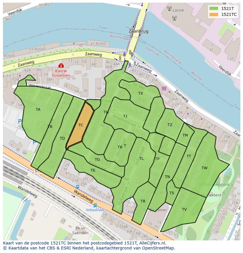 Afbeelding van het postcodegebied 1521 TC op de kaart.